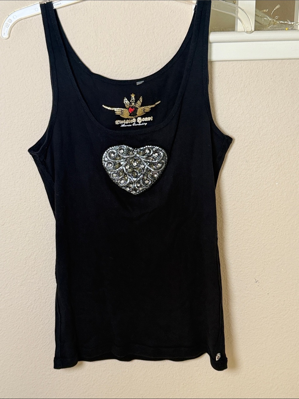 Twisted Heart Black Tank with Jeweled Heart Applique